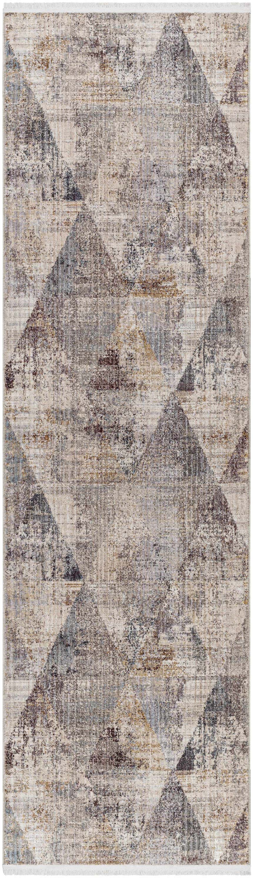 Close-up of the Birdy Area Rug featuring a contemporary geometric triangle pattern in beige, brown, and gray tones. Design-Runner-279