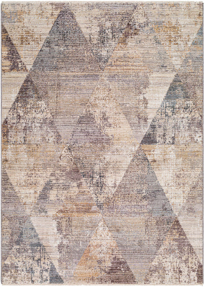 Close-up of the Birdy Area Rug with beige, brown, and gray triangles in a contemporary, distressed design. Design-Rectangle-579