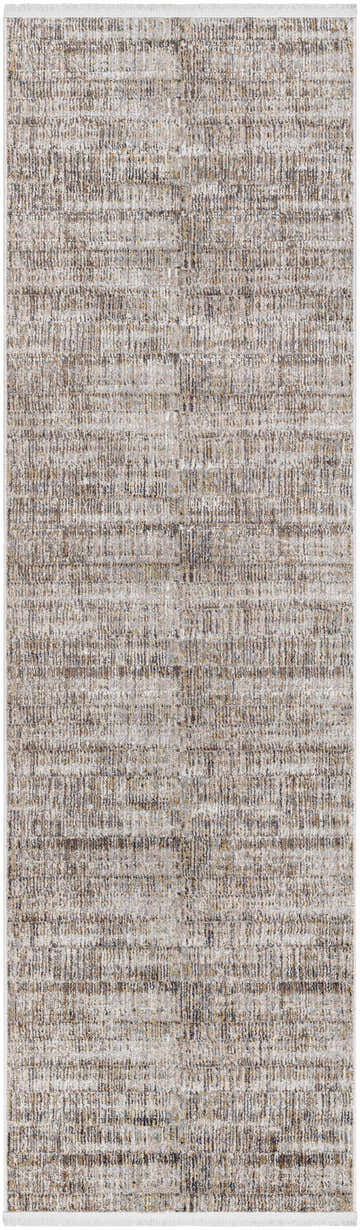 Close-up of Cane Luxe Rug with Fringes. Beige, charcoal, and ivory tones create a geometric pattern. Machine woven polyester texture. Design-Runner-279