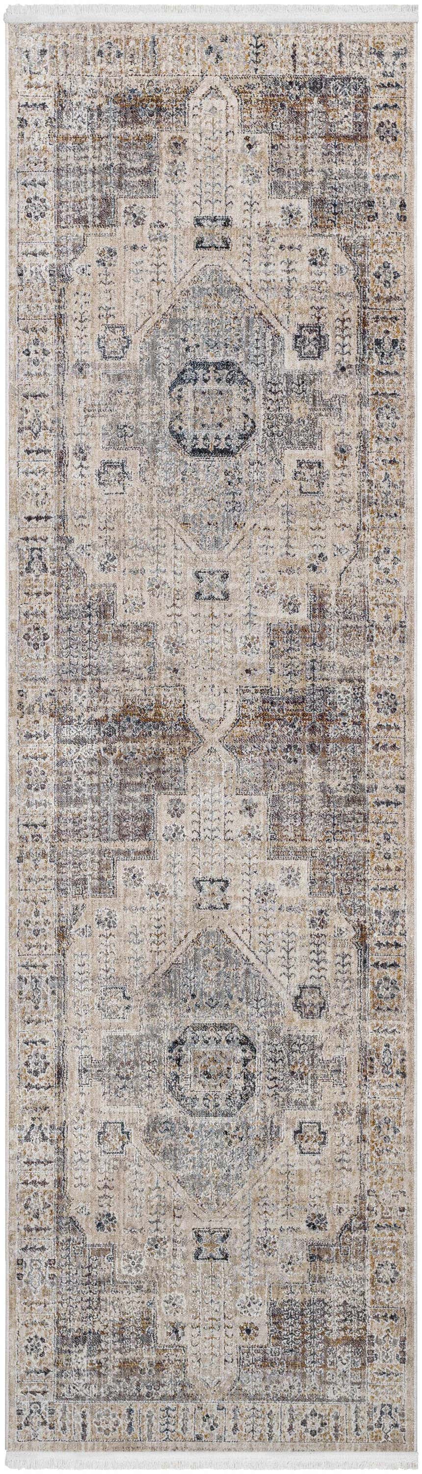 Close-up of the Iiona Area Rug. Traditional farmhouse style with dark brown, gray, and taupe tones. Machine woven polyester rug. Design-Runner-279