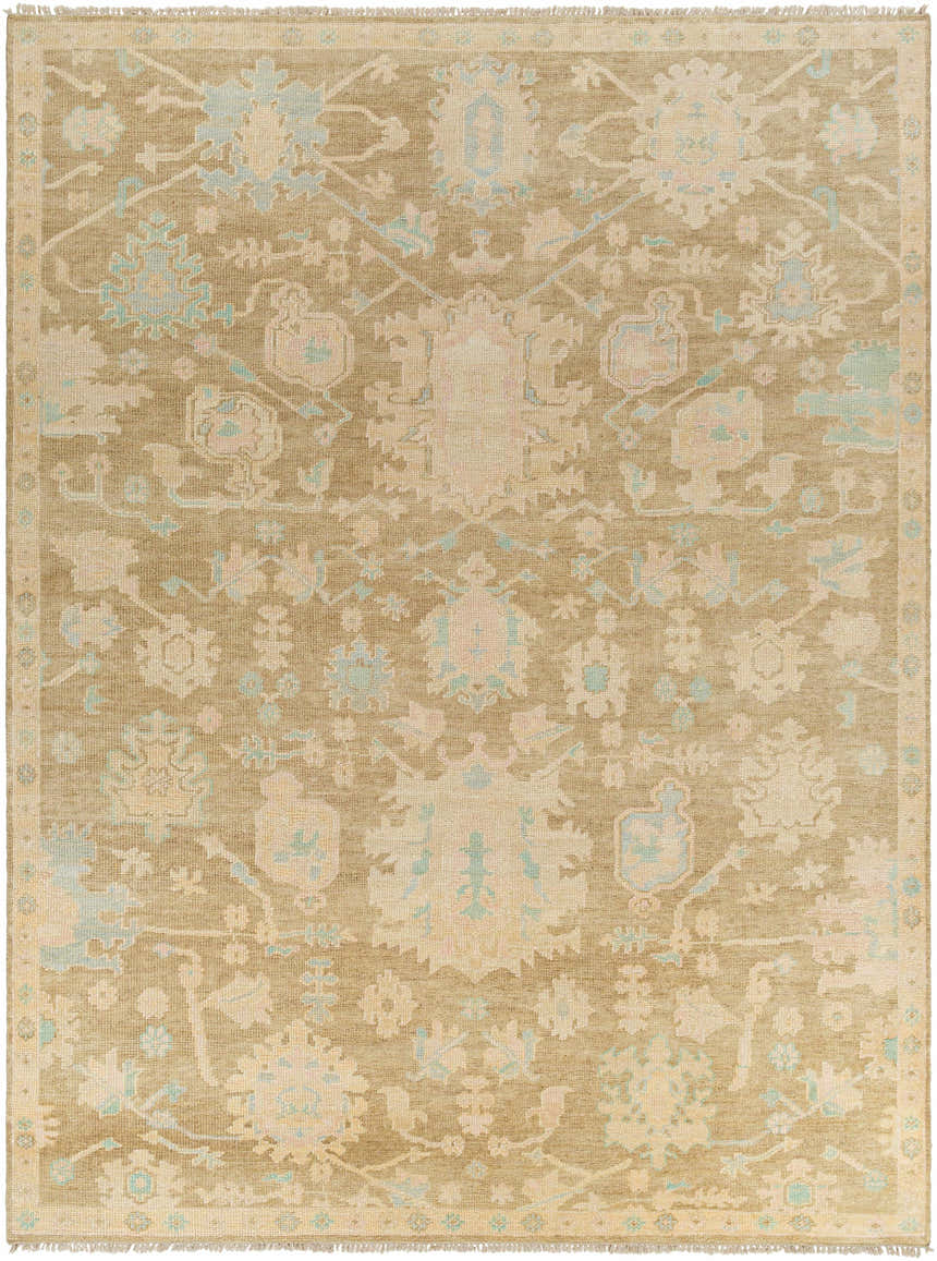 Hand knotted Tan Amiri Area Rug featuring a traditional floral pattern in taupe, blue, and dusty sage. Design-Rectangle-912