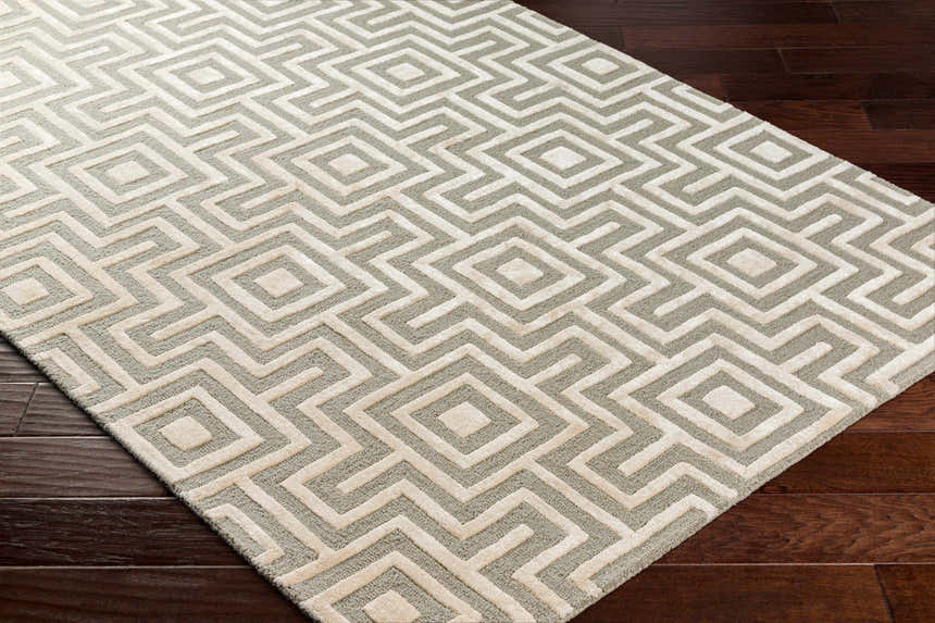 Close-up of the Fynn Beige Area Rug showing a geometric maze pattern in beige, bone, and gray on dark wood flooring. Corner