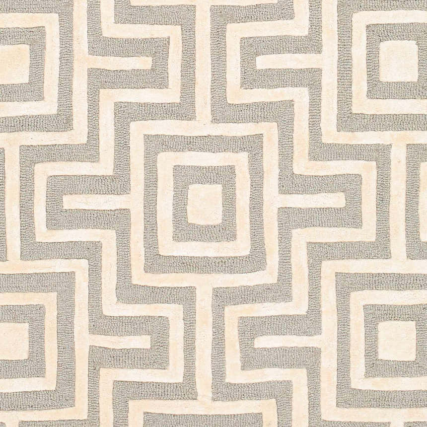 Close-up of the Fynn Beige Area Rug featuring a geometric maze pattern in beige and gray wool and viscose. Swatch