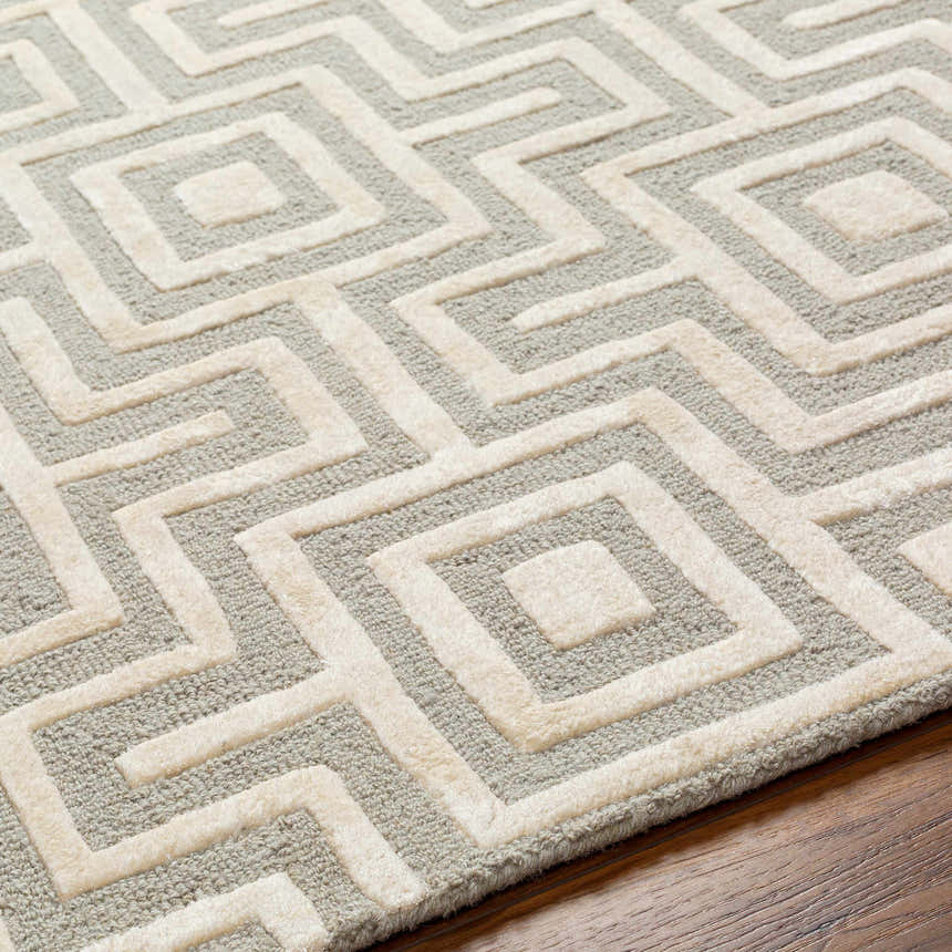Close-up of the Fynn Beige Area Rug showing its geometric beige and gray pattern and hand-tufted texture. Texture
