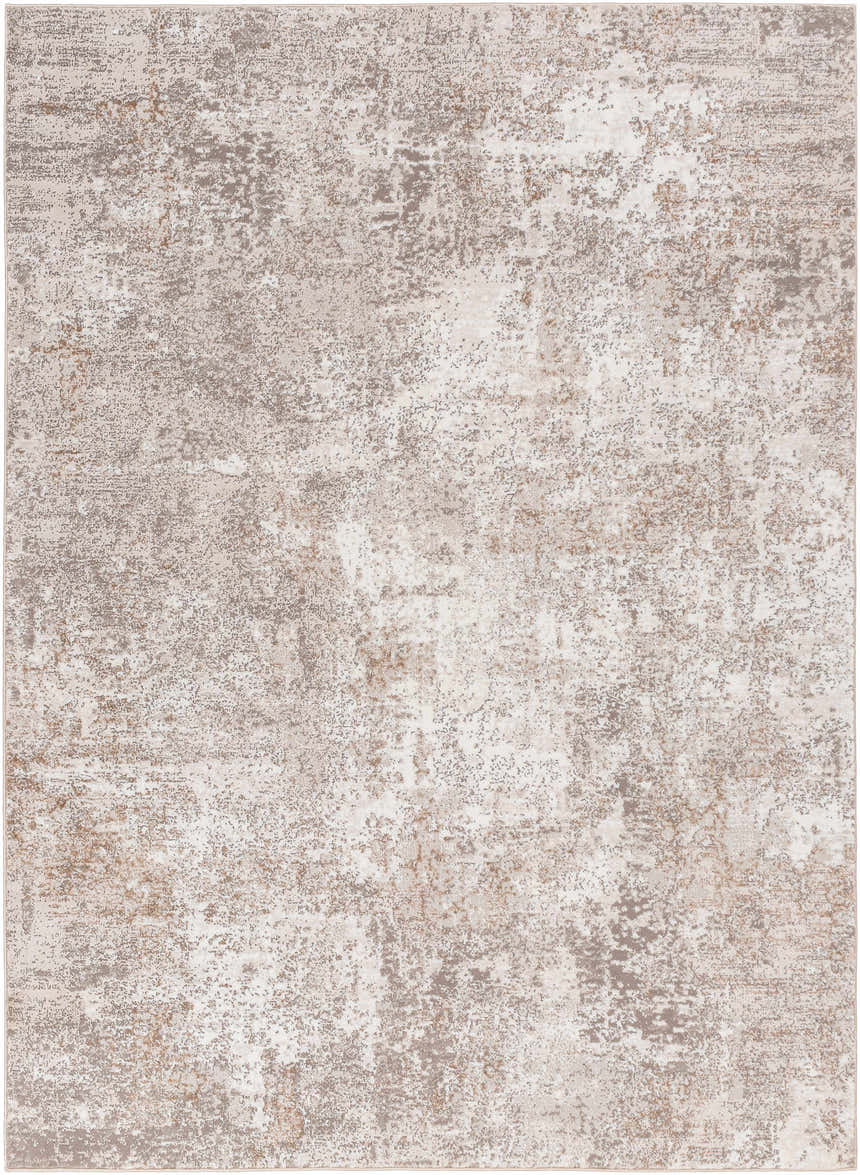 Close-up of the Bruna Area Rug featuring a contemporary design in cloud gray, ivory, and multi brown tones. Design-Rectangle-5373