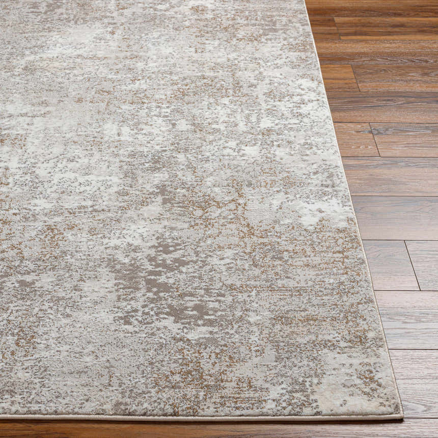 Close-up of the Bruna Area Rug showing its ivory, gray, and brown abstract pattern and soft, textured pile. Front