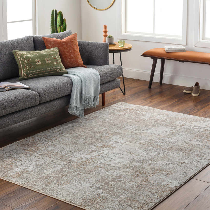 Living room with gray sofa and Bruna Area Rug in cloud gray and ivory on dark wood floor. Roomscene-Rectangle