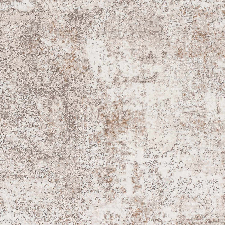 Close-up of the Bruna Area Rug. Features a distressed, abstract pattern in cloud gray, ivory, and brown tones. Swatch