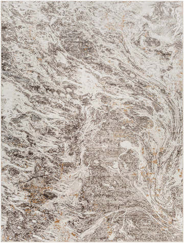 Close up of the Elaxi Brown Marble Rug. Features a swirling marble pattern in charcoal, ivory, and brown tones. Design-Rectangle-710103