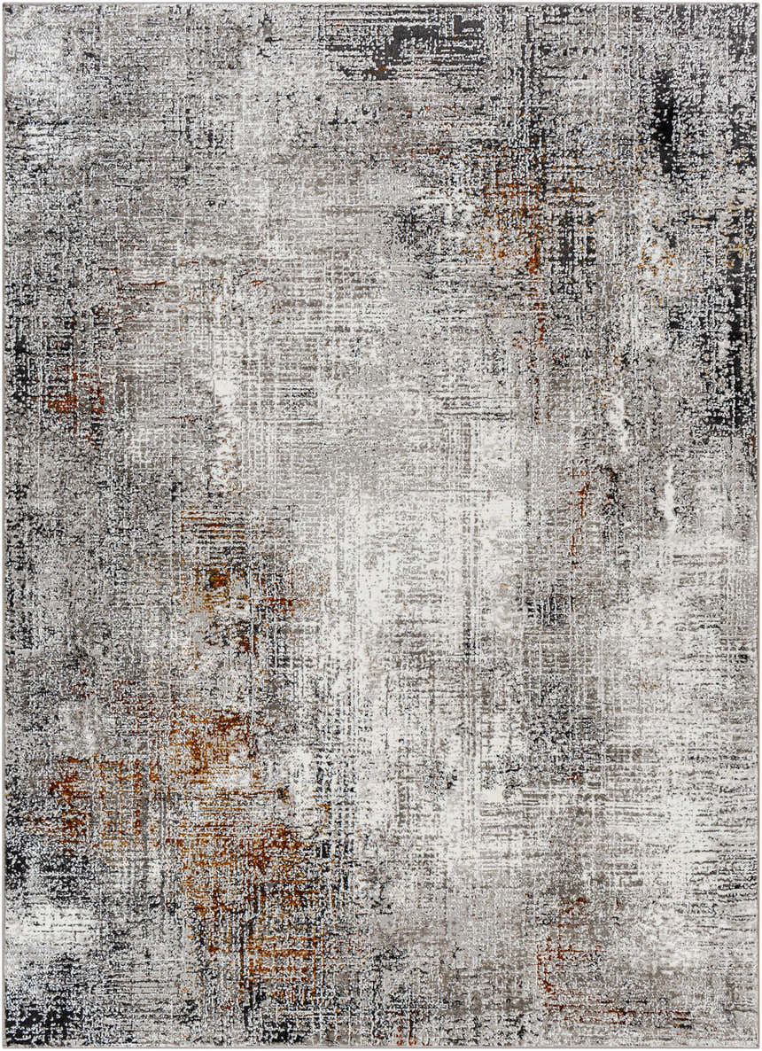 Close-up of the Ervin Gray Area Rug. Machine-woven polyester with a contemporary abstract pattern in black, charcoal, ivory, and rust. Design-Rectangle-5373