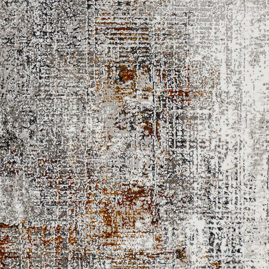 Close-up of the Ervin Gray Area Rug, showcasing its abstract pattern in black, charcoal, ivory, and rust hues. Swatch