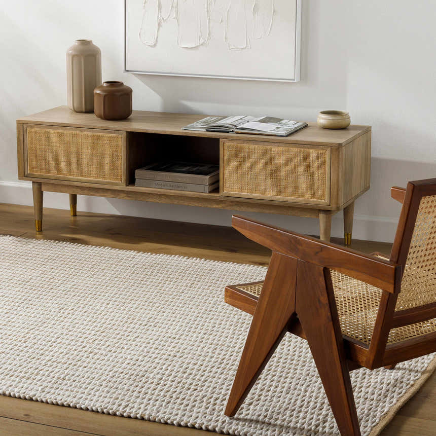 Living room scene with beige Ieuan Area Rug, wood console table with vases, and mid-century modern chair. Roomscene-Rectangle