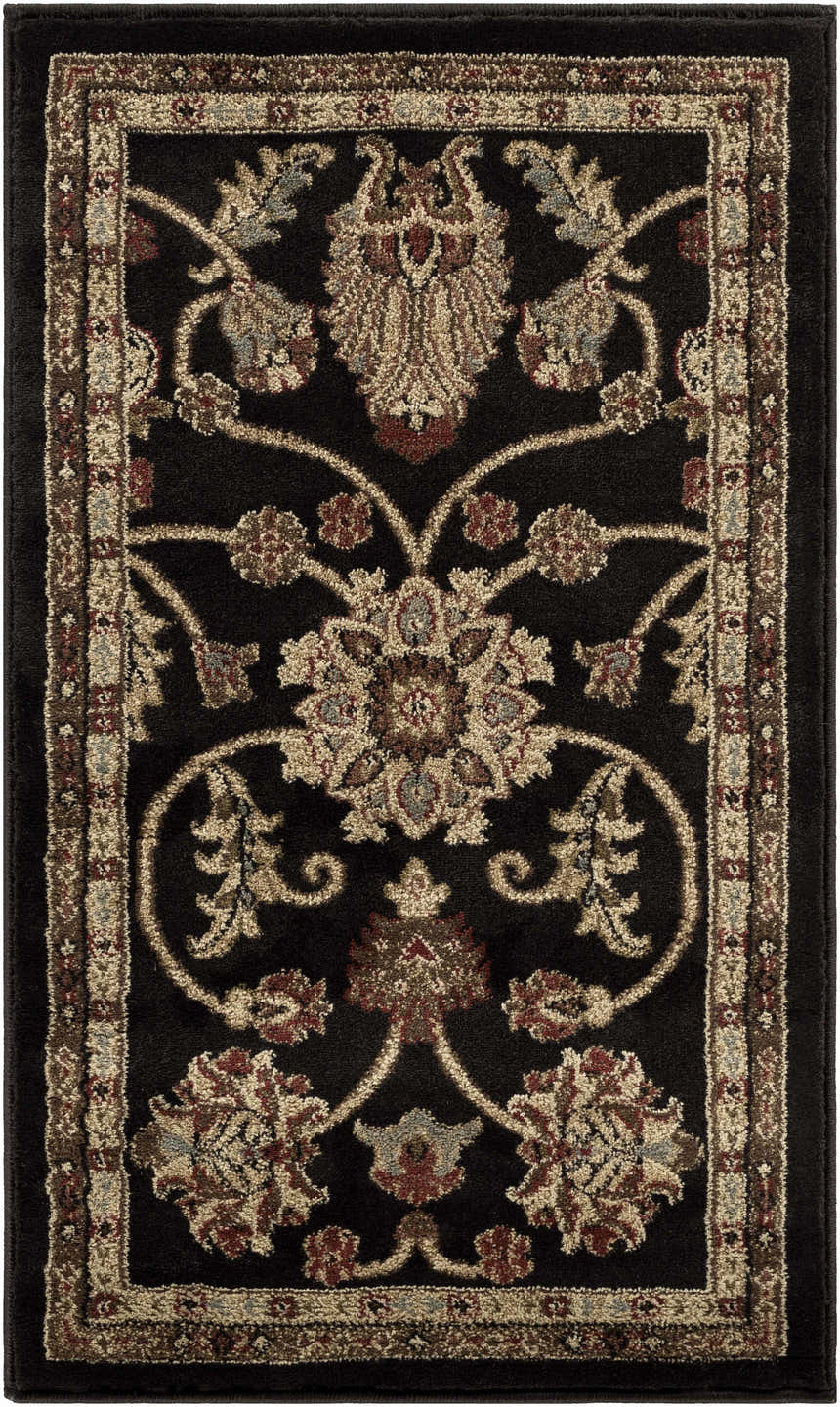 Close-up of the Salona Luxe Black Rug, showcasing its floral, bohemian pattern and colors of black, coral, and beige. Design-Rectangle