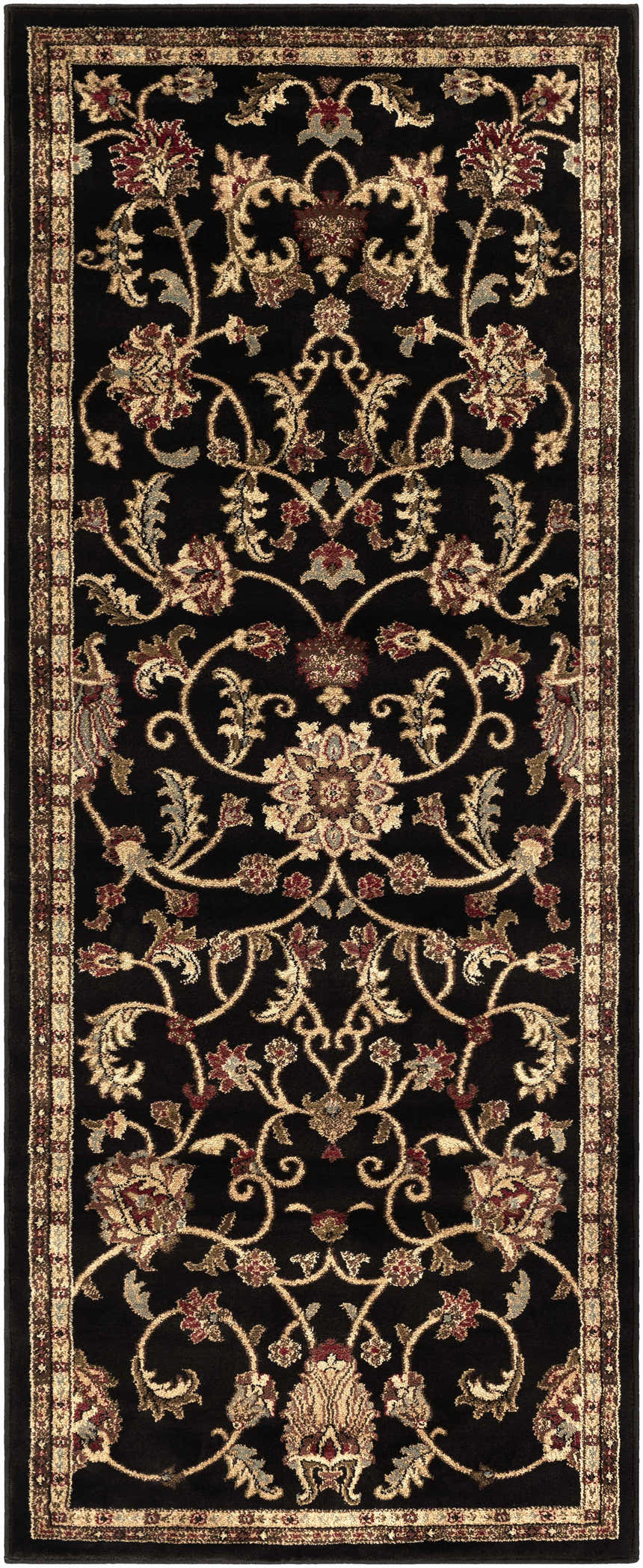 Close-up of the Salona Luxe Black Rug featuring a traditional floral pattern in black, coral, beige, and brown tones. Design-Runner-38