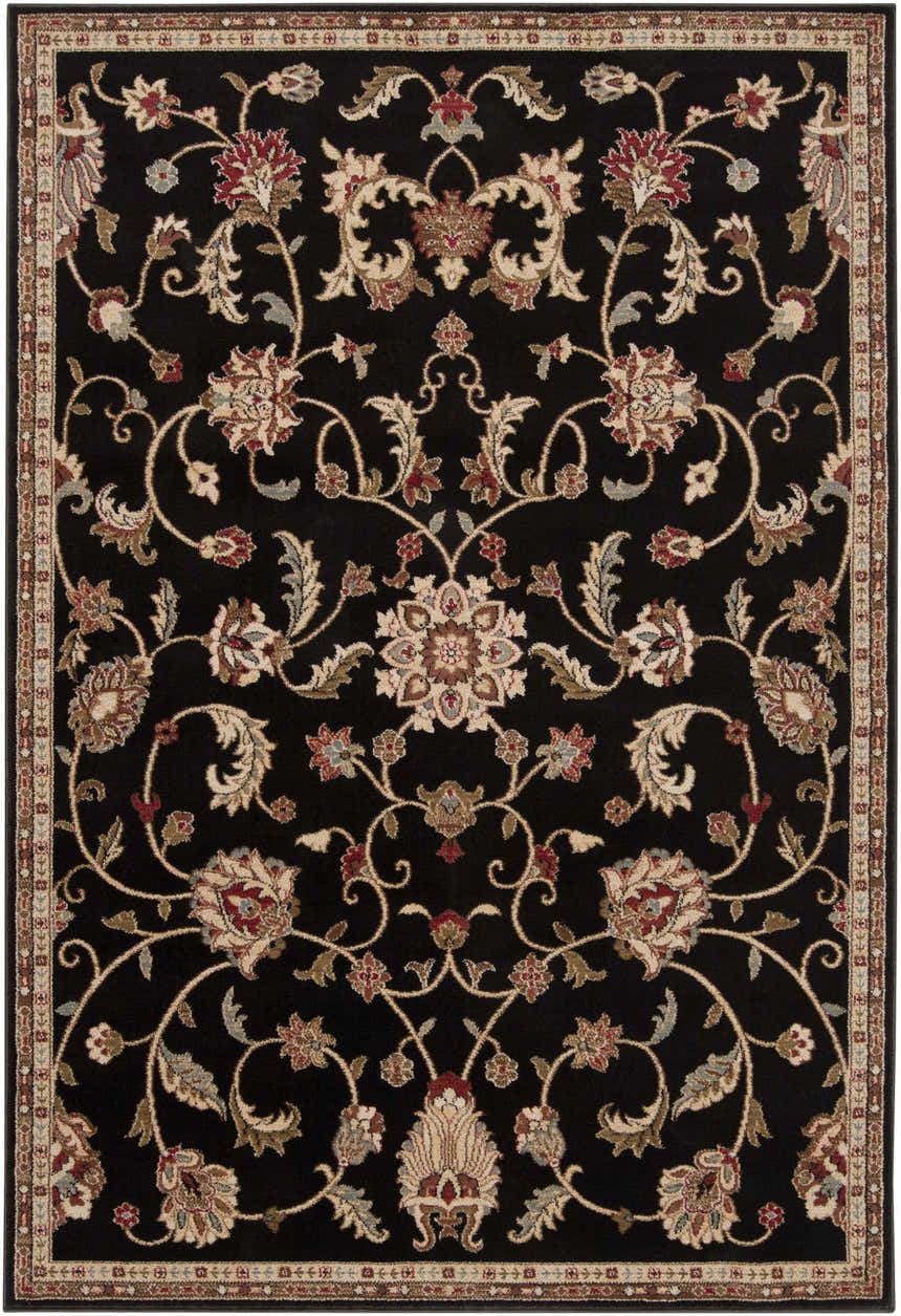 Close-up of the Salona Luxe Black Rug. Features a traditional floral pattern in coral, beige, brown, and gray on a black background. Design-Rectangle-537