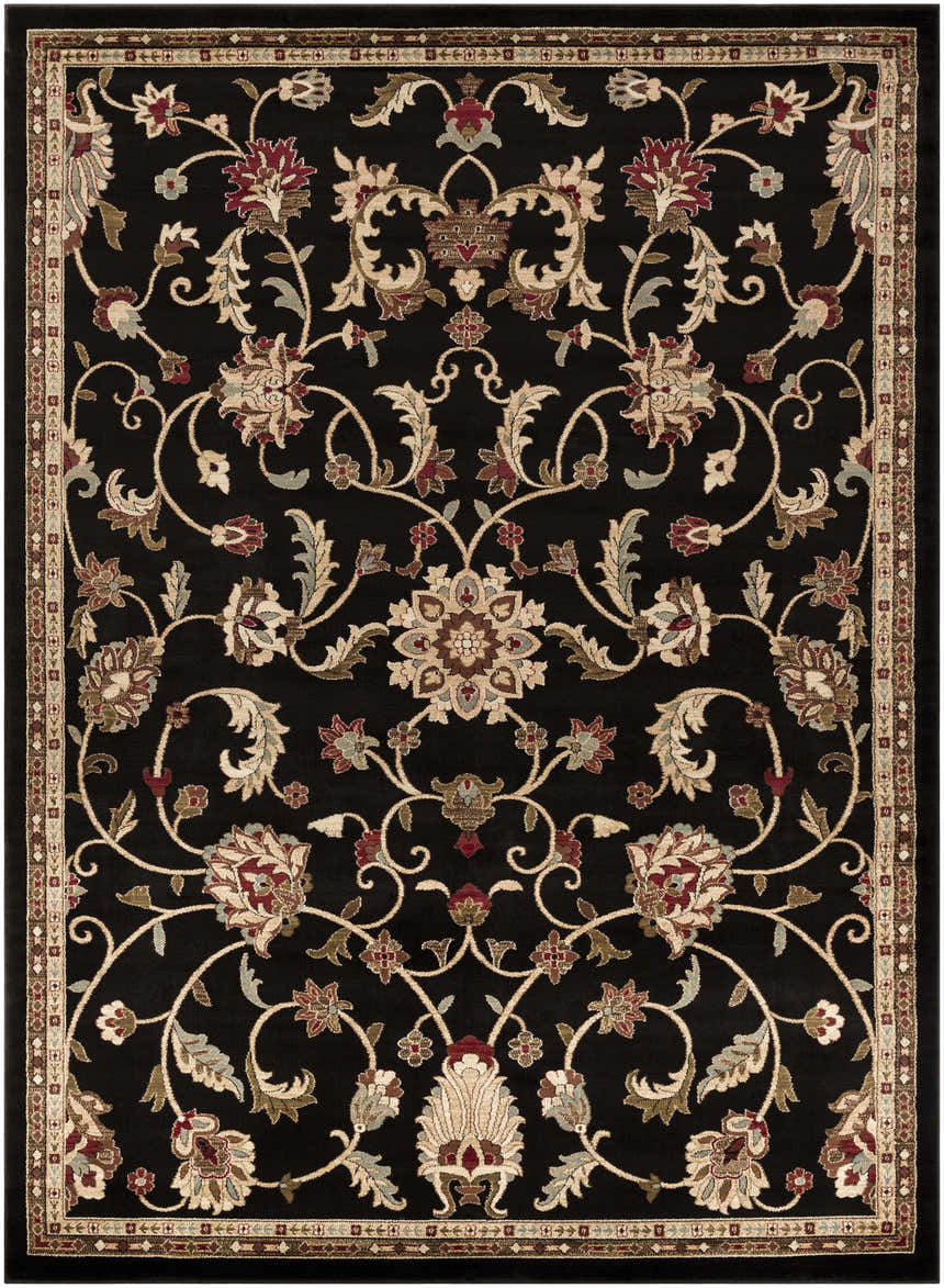 Detailed floral pattern on a black Salona Luxe Rug with coral, beige, and gray accents. Design-Rectangle-71010