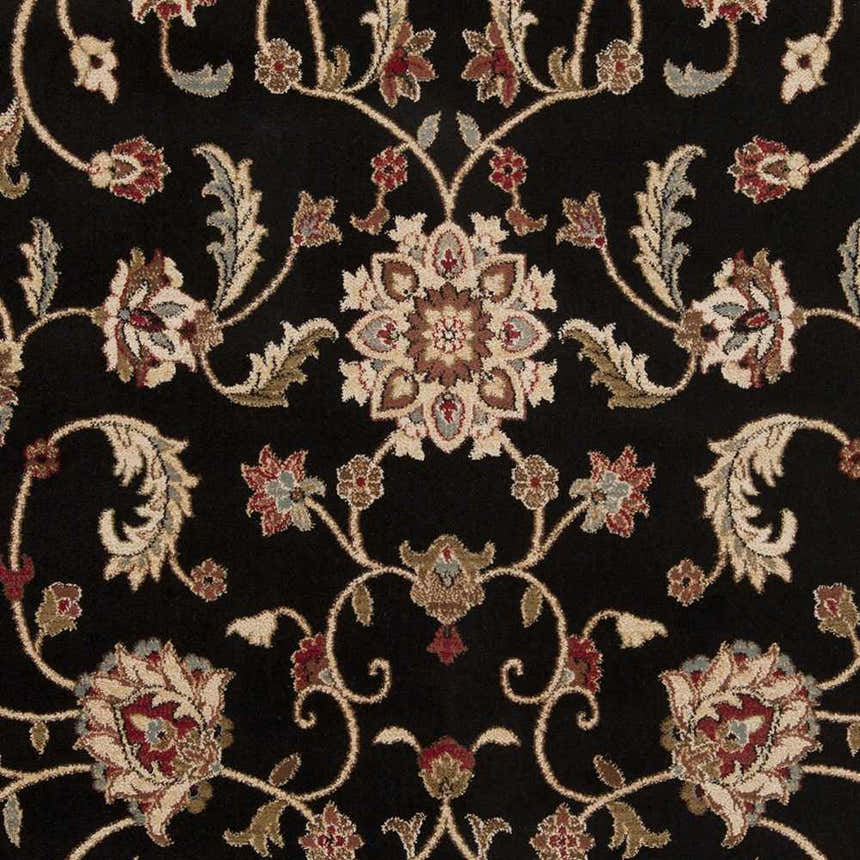 Close-up of the Salona Luxe Black Rug showing a floral pattern in coral, beige, olive, and brown on a black background. Swatch