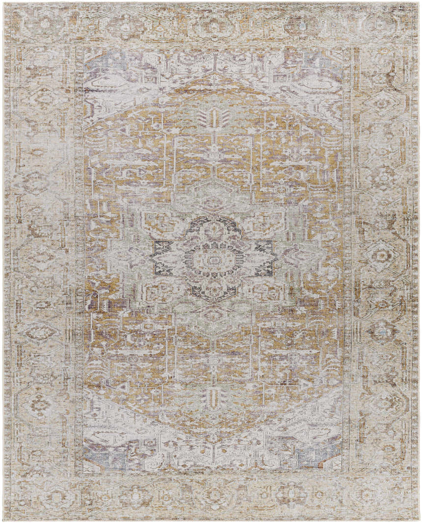 Close-up of the Amato Mustard Washable Area Rug. Farmhouse style rug with traditional design in mustard, cream, and purple tones. Design-Rectangle-710102
