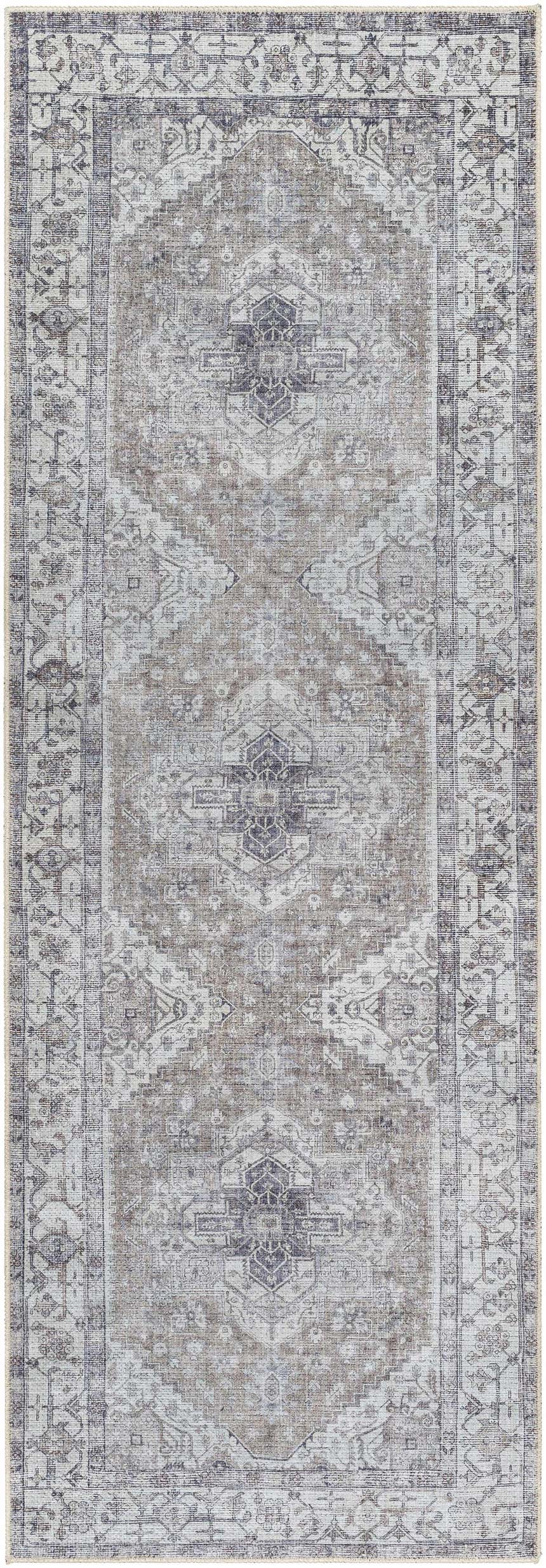 Detailed Athor Washable Rug in dark gray, eggplant, brown, and natural gray. Traditional farmhouse style with a machine-woven design. Design-Runner-27710