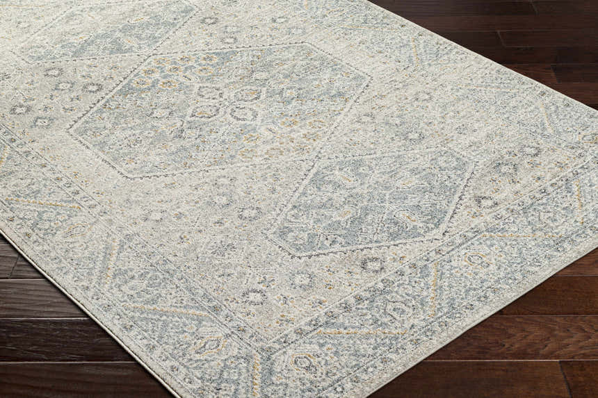 Close-up of the Nydia Blue Medallion Area Rug showing its traditional design, blue, cream, and mustard colors on dark wood floor. Corner