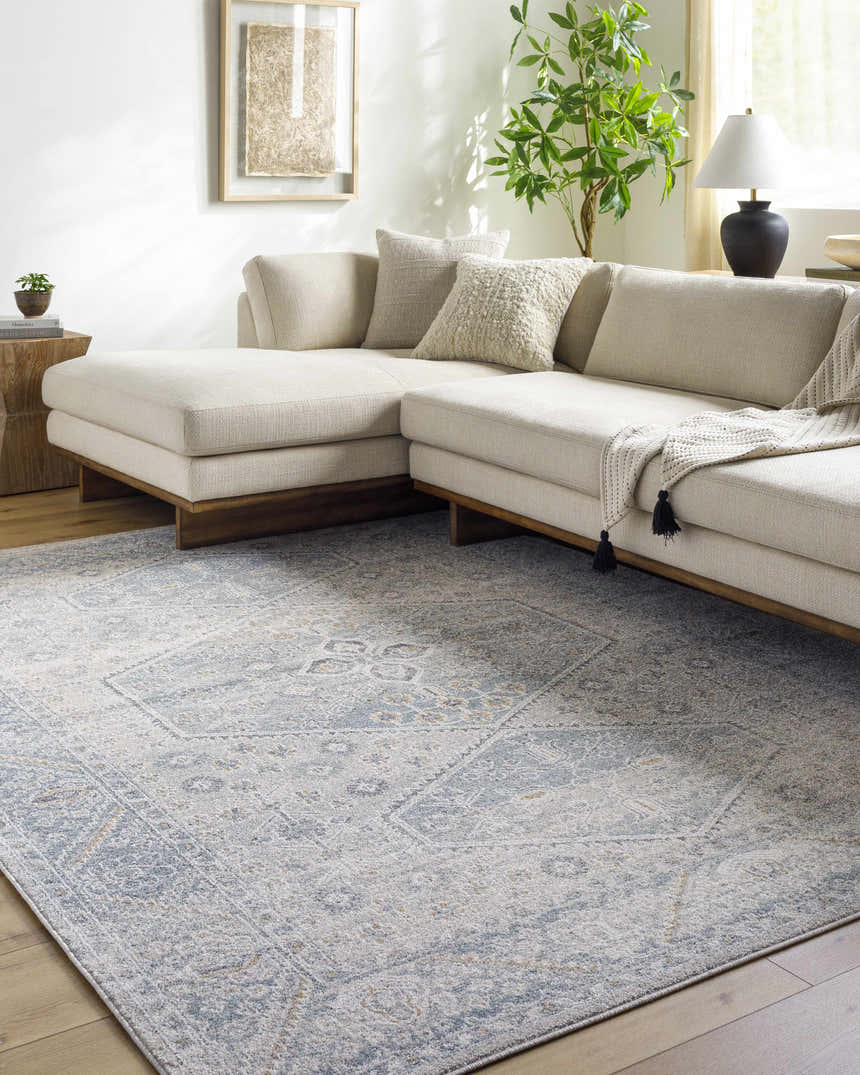 Living room scene with a neutral sectional sofa and the blue medallion Nydia Area Rug. Roomscene-Rectangle