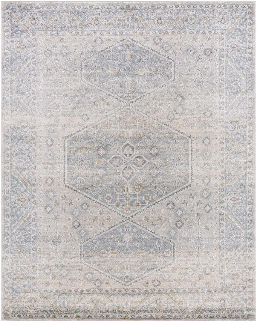 Close-up of the Nydia Blue Medallion Area Rug, featuring a traditional design with blue, gray, cream, and mustard colors. Design-Rectangle-71010