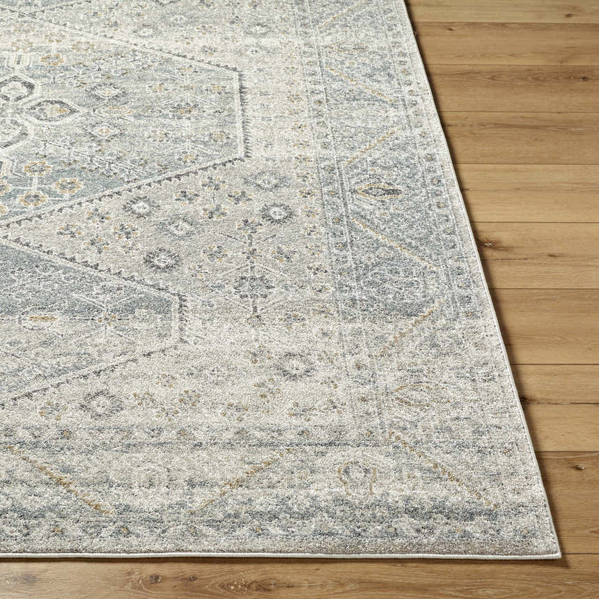 Close-up of the Nydia Blue Medallion Area Rug showing the traditional farmhouse design, blue, gray, and cream colors. Front