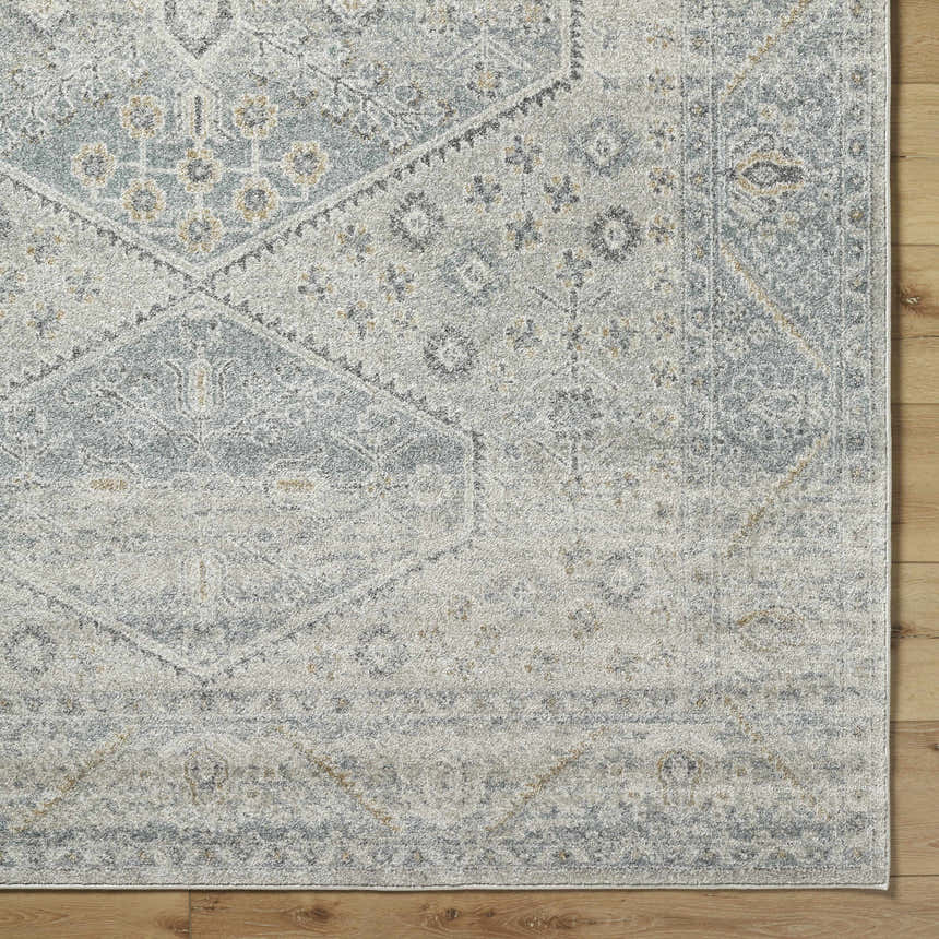 Close-up of the Nydia Blue Medallion Area Rug, featuring a traditional farmhouse pattern in blue, cream, and charcoal. Corner