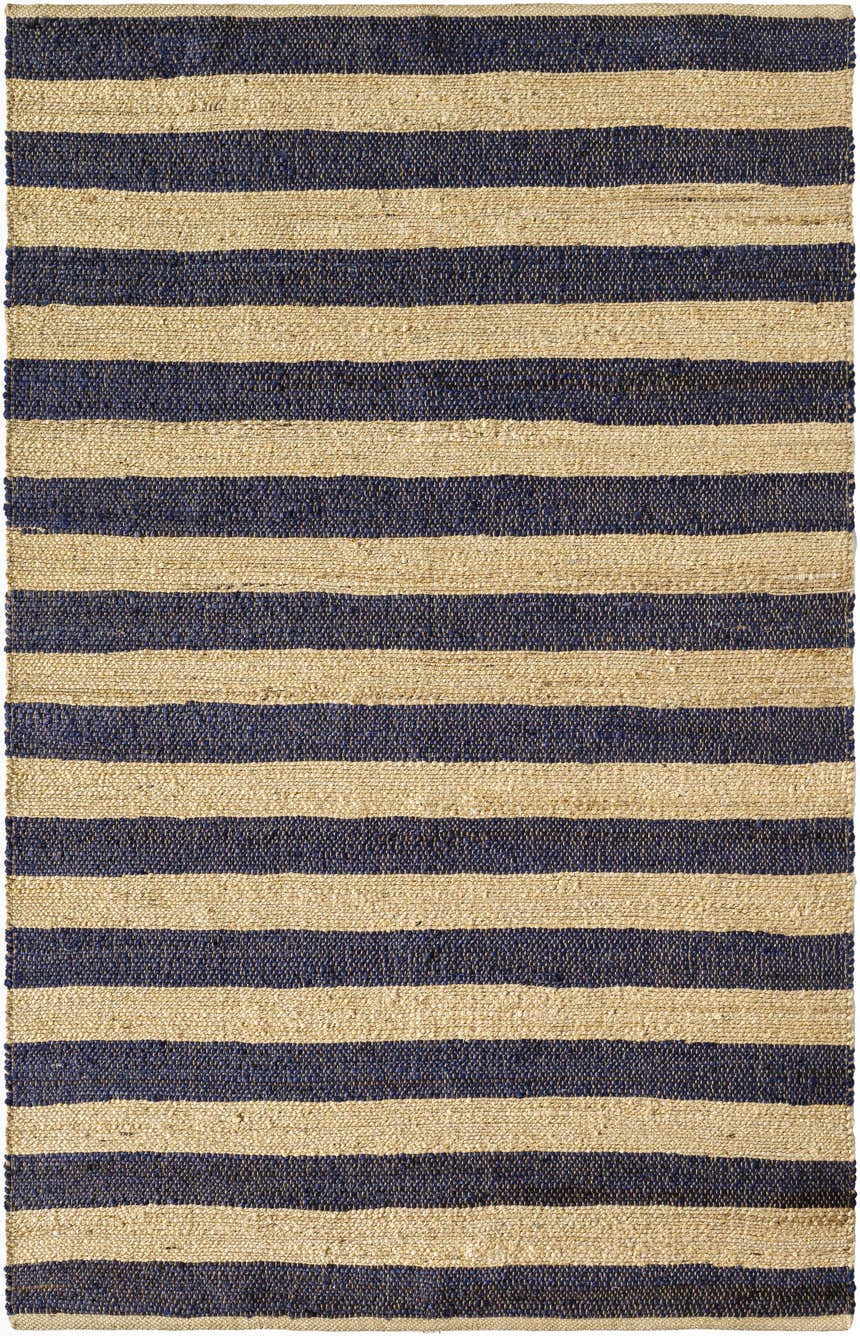 Close-up of the Ilkay Beige & Black Jute Area Rug, featuring a striped pattern and natural jute texture. Farmhouse style. Design-Rectangle-576