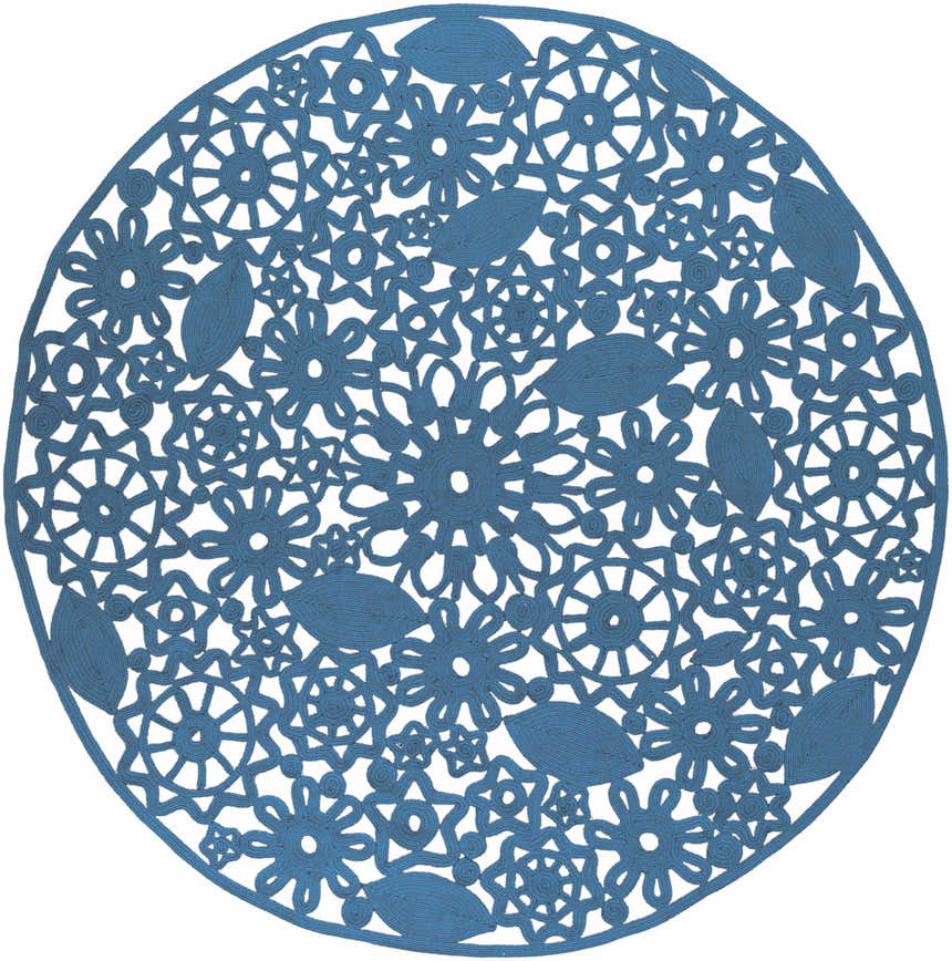 Close-up of the hand woven Sauquoit Area Rug. Round shape with a blue floral and leaf pattern. Farmhouse style. Design-Round-8