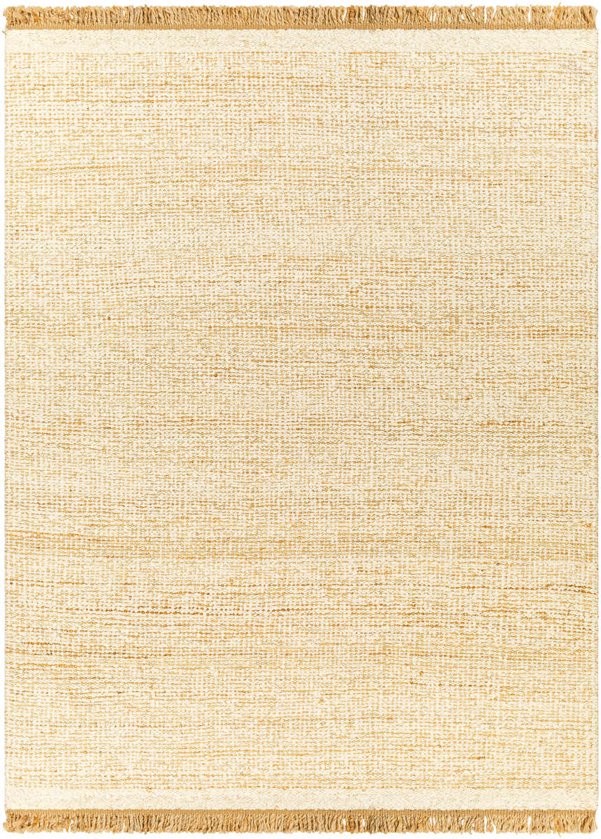 Close-up of the cream Gopi Jute&Wool Area Rug showing its woven texture and tan fringe. Farmhouse style. Design-Rectangle-810