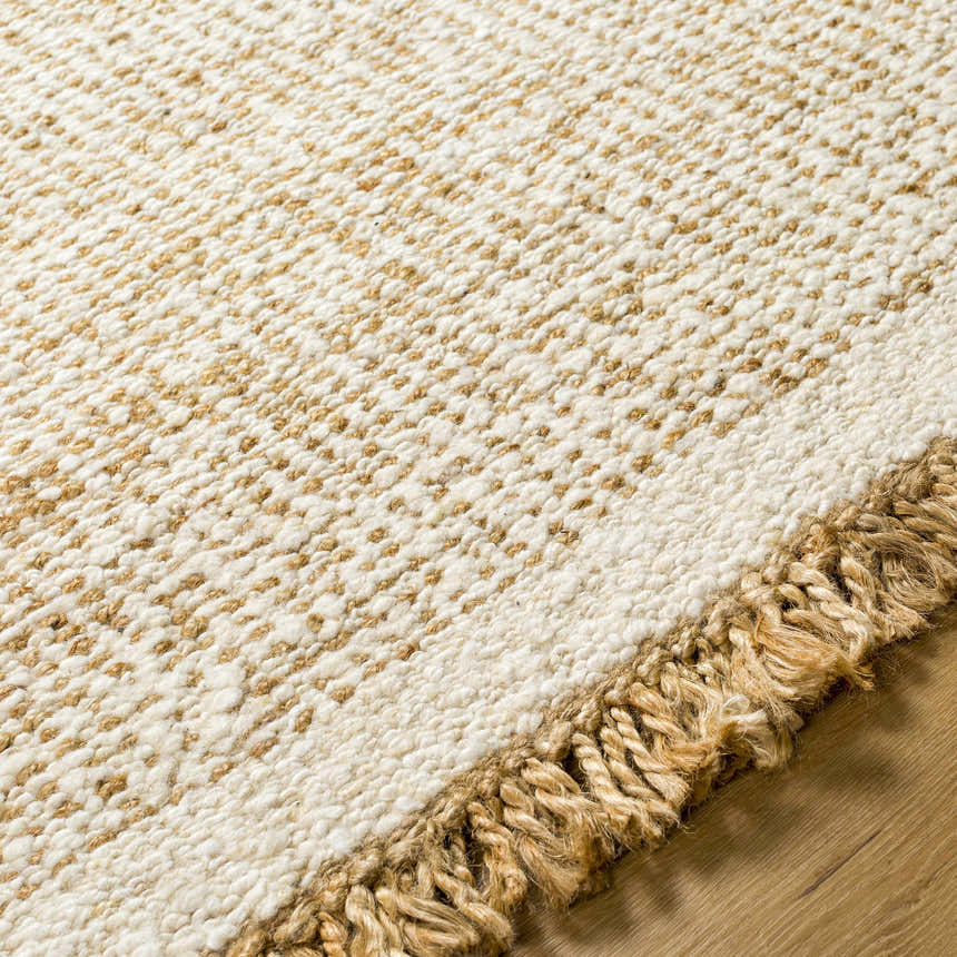 Close up of the beige Gopi Jute Area Rug showing its woven texture and knotted fringe detail. Texture