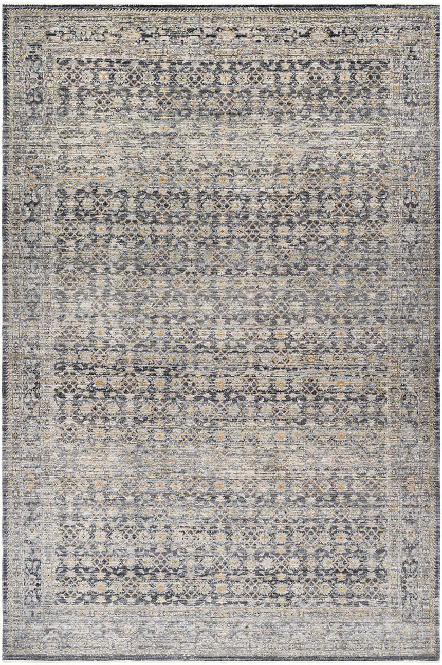 Margaret Navy Washable Rug, Becki Owens x Livabliss. Traditional farmhouse style rug with ash, gray, and silver tones. Design-Rectangle-9131