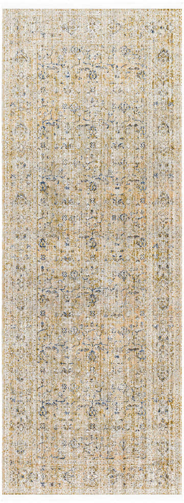 Close-up of the Margaret Damask Mustard Washable Area Rug. Features a traditional pattern in ash, camel, and light gray. Design-Runner-2773