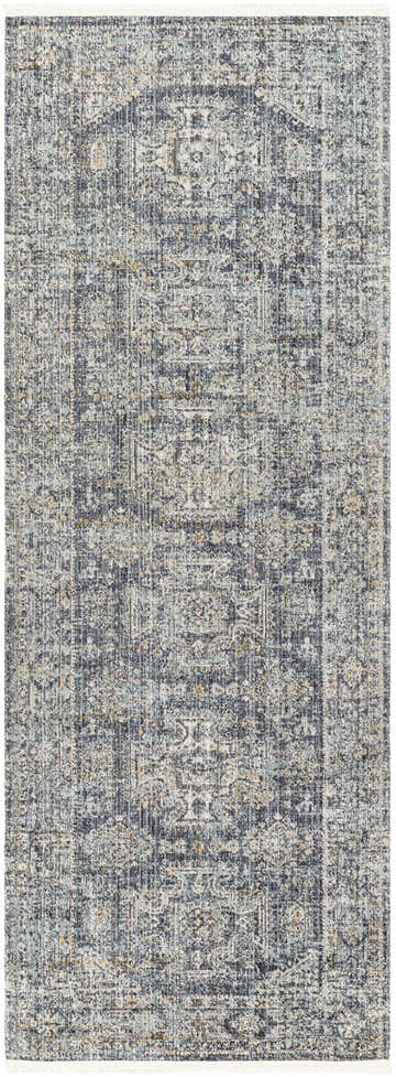 Close-up of the Margaret Medallion Navy Washable Area Rug by Livabliss x Becki Owens, featuring a traditional medallion pattern. Design-Runner-2773