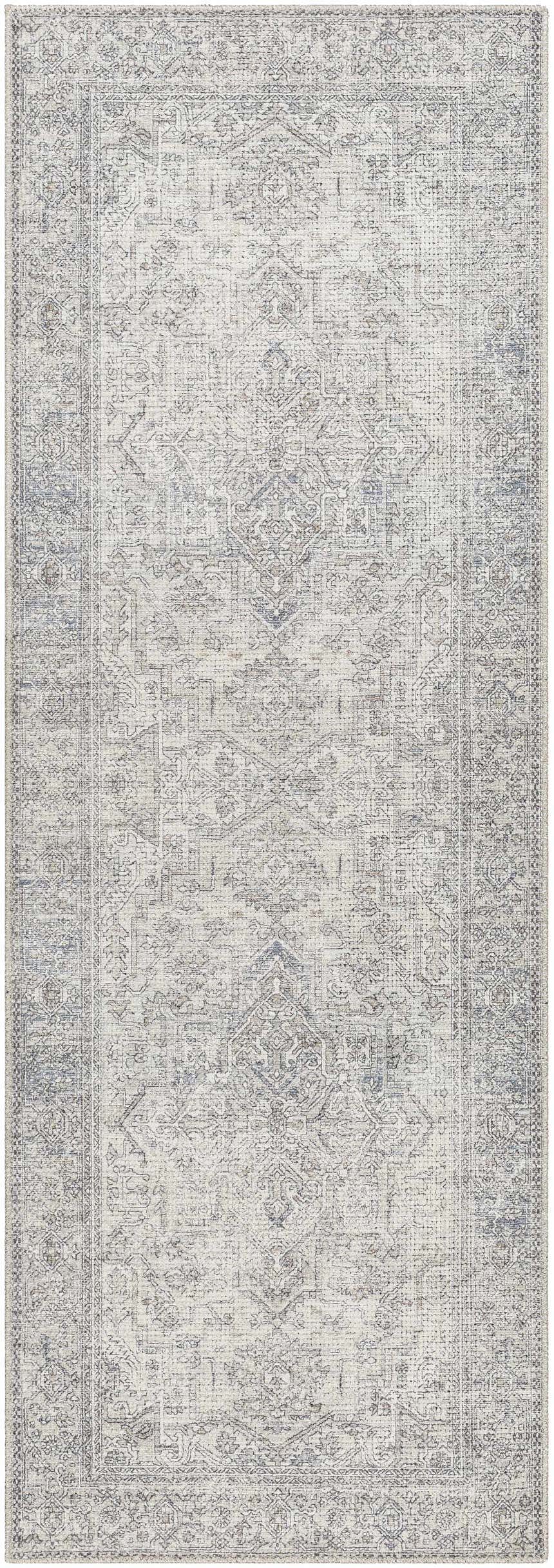 Close-up of the Margot Medallion Light Gray rug, a traditional design with light gray, brown, and charcoal colors. Design-Runner-2773