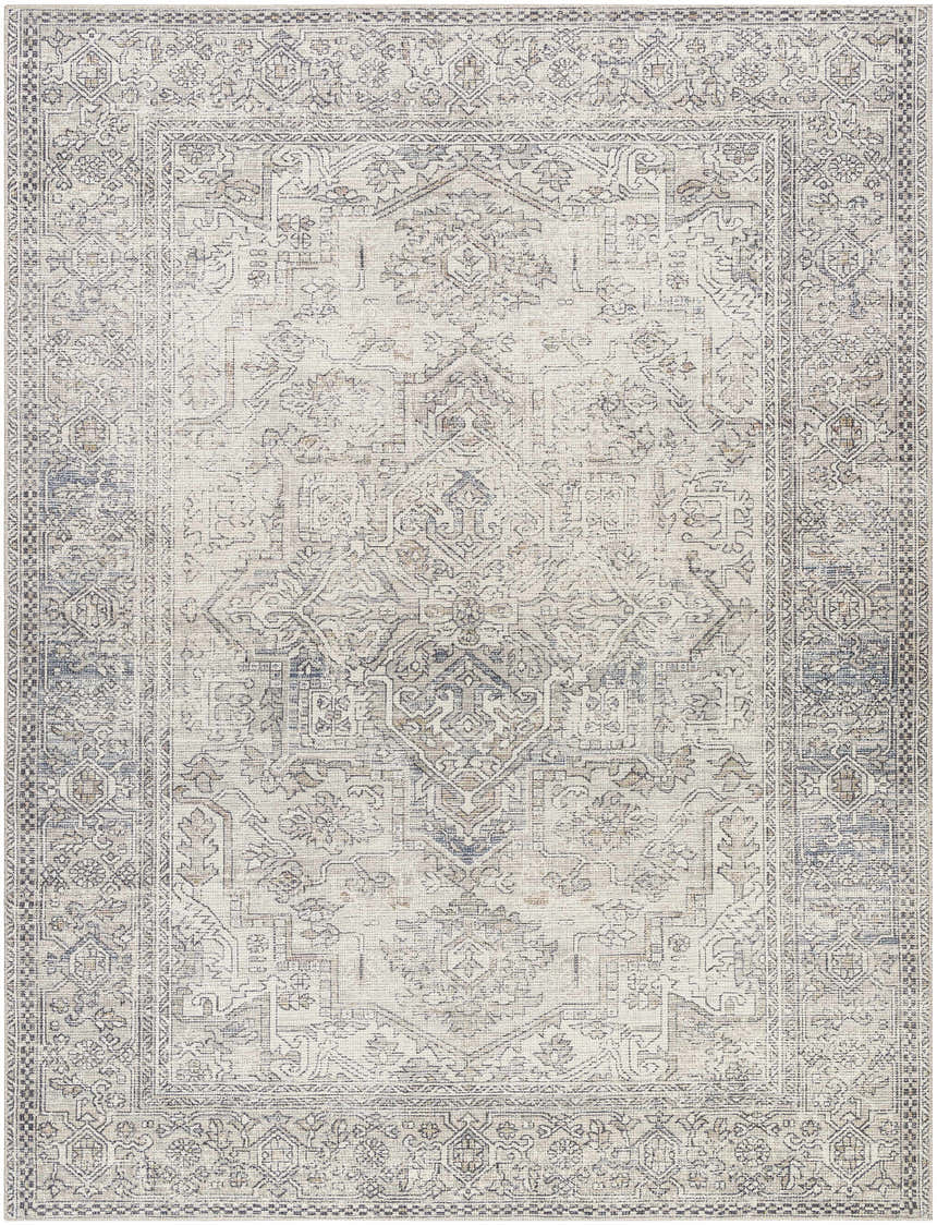 Close-up of the Margot Medallion Light Gray rug, a traditional design in light gray, brown, and charcoal. Design-Rectangle-71010