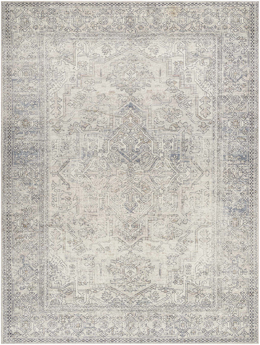 Detailed view of the Margot Medallion Light Gray rug by Livabliss x Becki Owens, featuring a traditional, farmhouse design. Design-Rectangle-9212