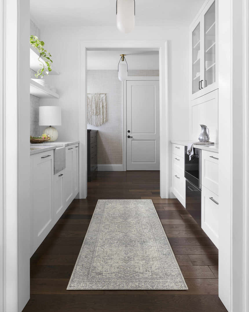 Light gray Margot Medallion rug in a bright, modern kitchen with dark wood floors and white cabinets. Roomscene-Runner