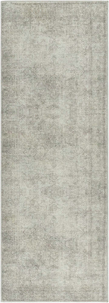 Close-up of the Margot Medallion Olive rug by Livabliss x Becki Owens. Beige, olive, and gray traditional pattern. Design-Runner-2773
