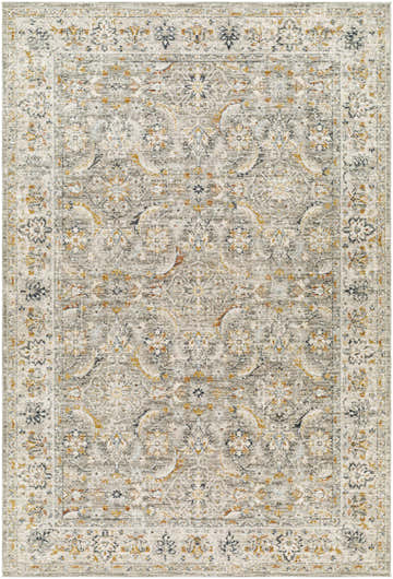 Close-up of the Jeven Sage Area Rug. Machine-woven polyester rug with a traditional floral pattern in sage, gray, gold, and navy. Design-Rectangle-6796