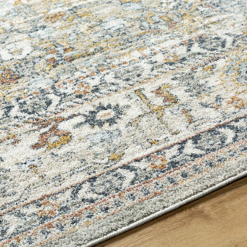 Close-up of the Jyler Traditional Area Rug showing beige, gold, and blue floral pattern and soft texture. Texture