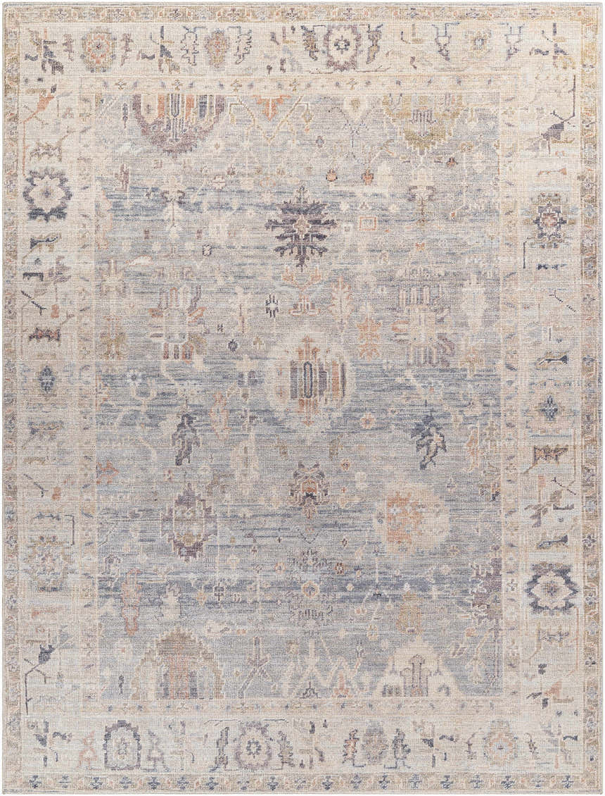 Detailed view of the Marlene Damask Cream & Blue Area Rug. Farmhouse style rug with charcoal, mauve, and pale blue tones. Design-Rectangle-71010
