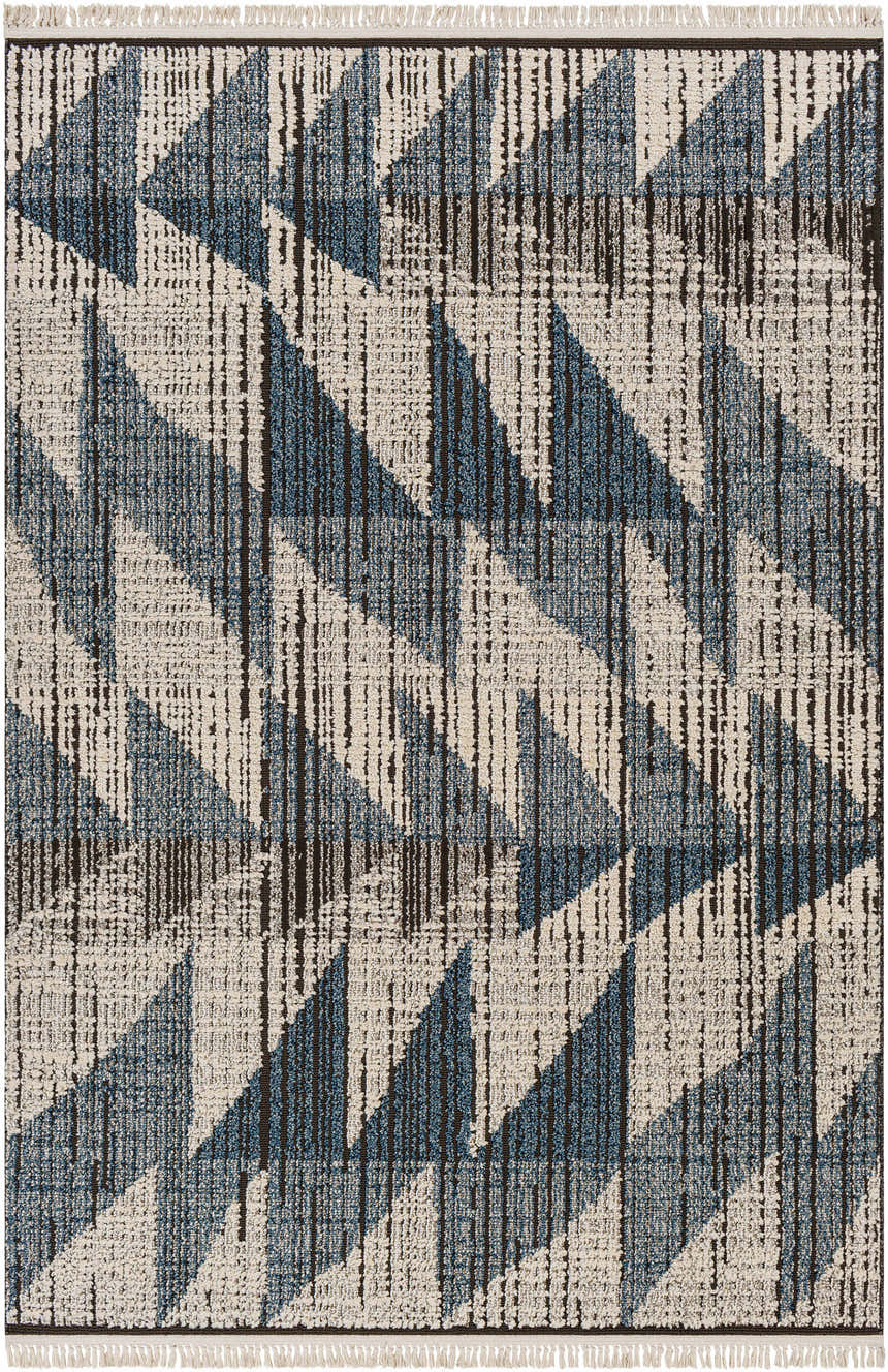 Close-up of Zaim Area Rug with a geometric pattern in blue and beige. Machine-woven texture with fringe detail. Design-Rectangle-537