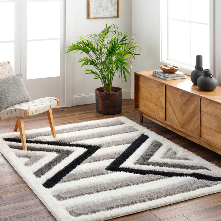 Living room scene with the Abeje Black & White Area Rug, a geometric shag rug, paired with a wooden cabinet and modern chair. Roomscene-Rectangle