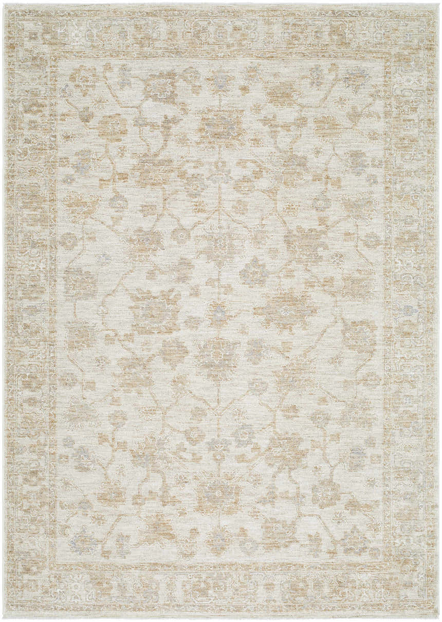 Detailed view of the Sashi Tan Luxe Area Rug with a traditional floral pattern and tan border. Design-Rectangle
