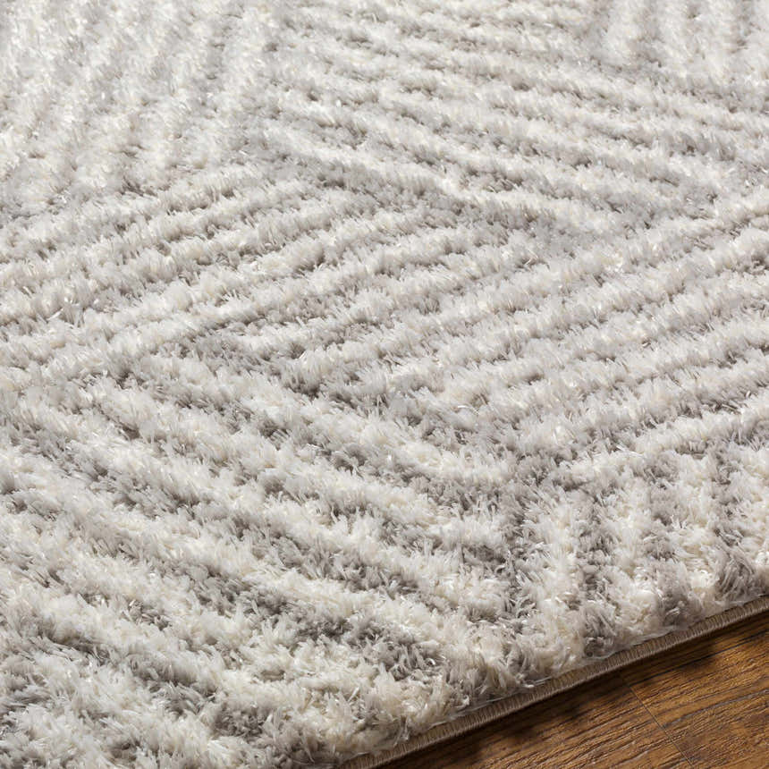 Close-up of the Mura Gray Area Rug showing its shag texture and geometric pattern in off-white, gray, and beige. Texture
