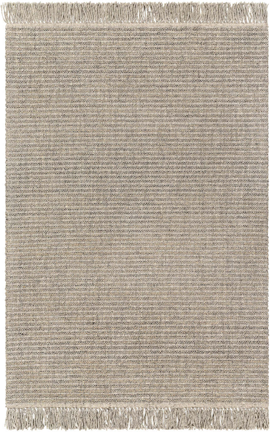 Close-up of the Desma Taupe Area Rug showing its woven texture, fringe, and neutral shades of brown and gray. Design-Rectangle-576