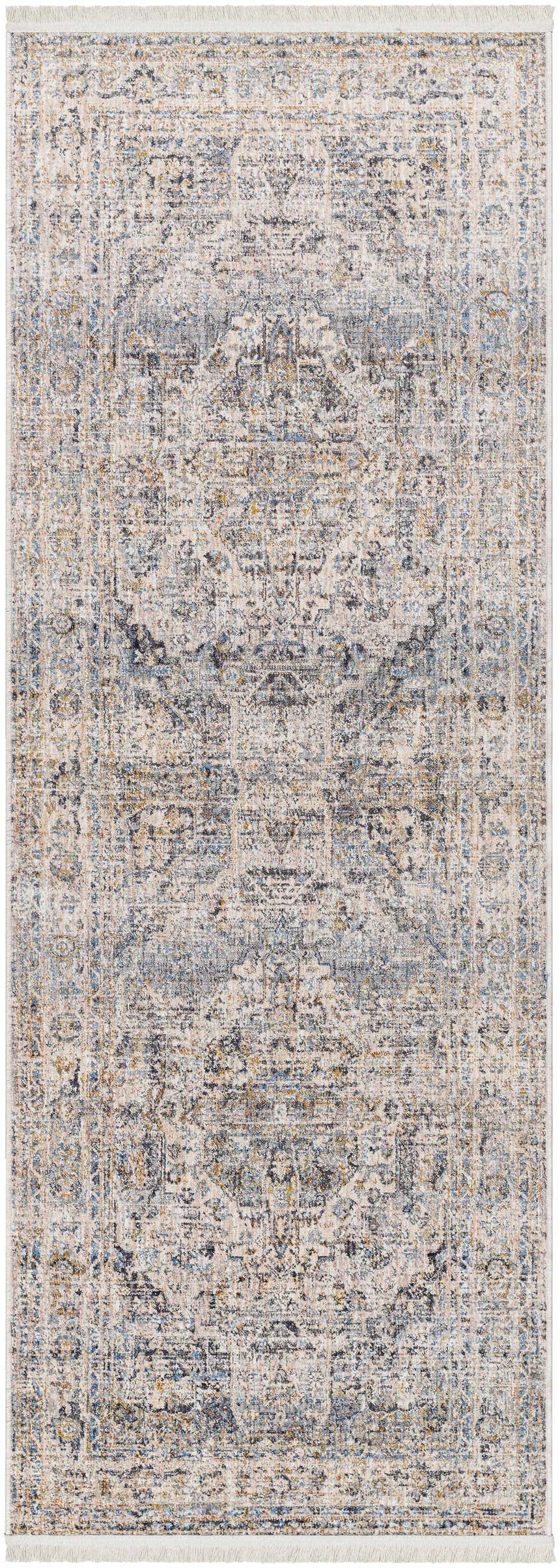 Close-up of the Addax Area Rug - Clearance. Features a traditional, distressed pattern in gray, brown, and blue tones. Design-Runner-2108