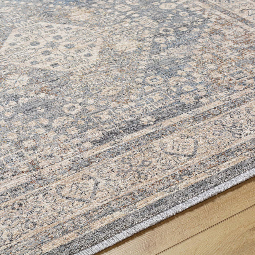 Close-up of the Artan Area Rug showing its traditional gray, brown, and beige pattern and soft texture. Texture